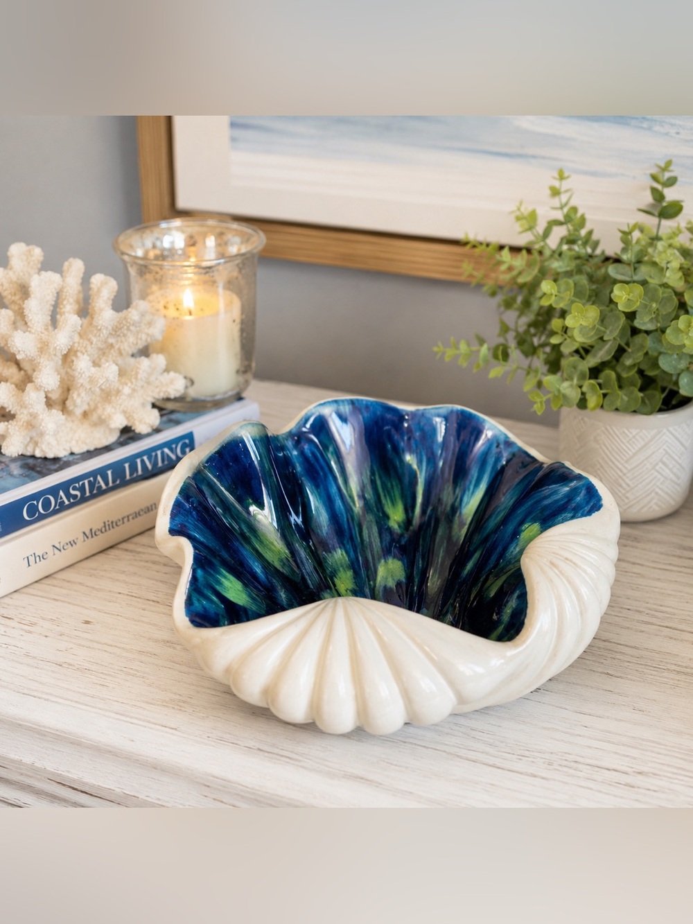 Vintage Blue Green Iridescent Seashell Ceramic Decorative Bowl Coastal Decor